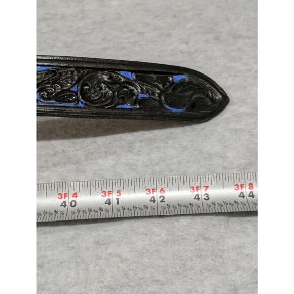 Vintage Black Leather Belt Embossed Pattern Floral Silver Blue Buckle‎ Betty 28" - Picture 5 of 9